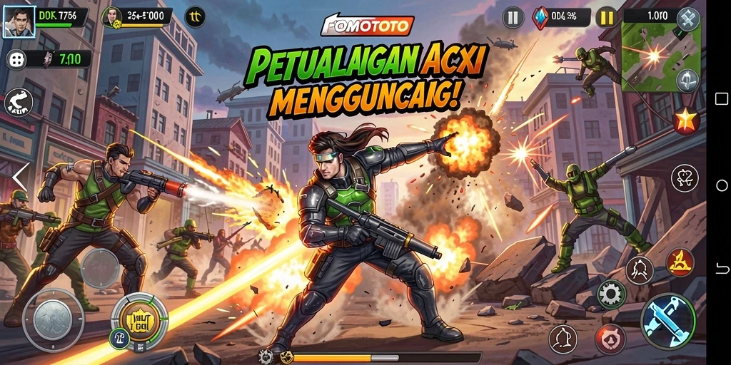 Screenshot gameplay FOMOTOTO menunjukkan aksi bertempur yang seru dan mendebarkan.