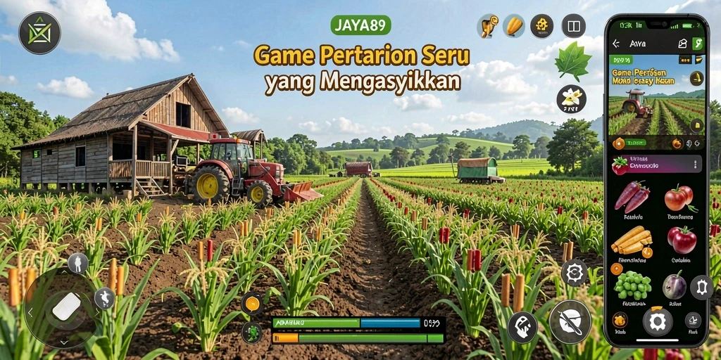 Gameplay JAYA89 dengan ladang pertanian yang indah dan subur.
