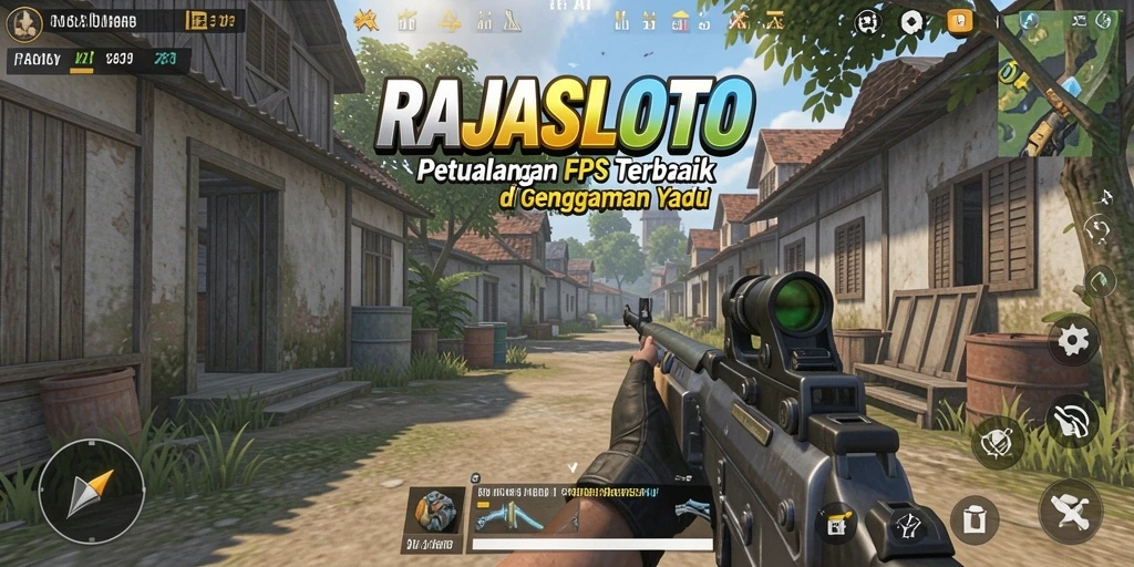Tampilan gameplay intens RAJASLOTO dalam aksi FPS.