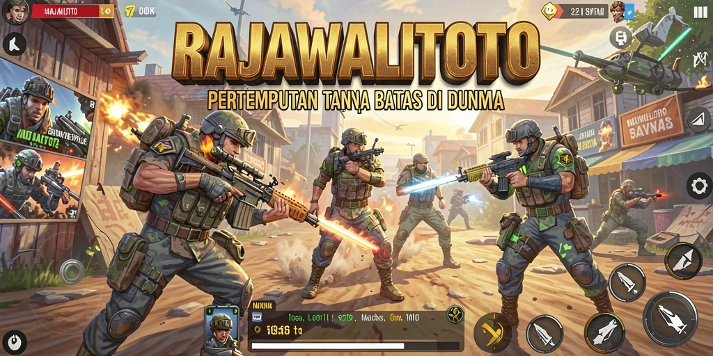 Screenshot utama RAJAWALITOTO menampilkan aksi pertempuran intens di medan perang.