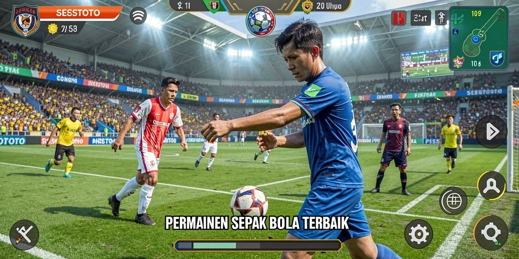 Screenshot SESETOTO menampilkan pemain di lapangan dengan atmosfer pertandingan yang mendebarkan.