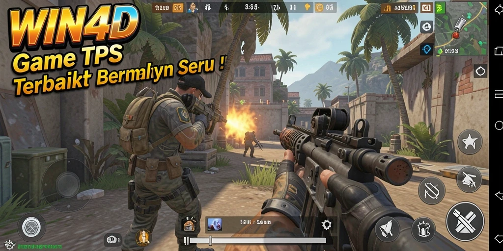 Screenshot gameplay WIN4D menunjukkan aksi seru dalam pertempuran TPS.